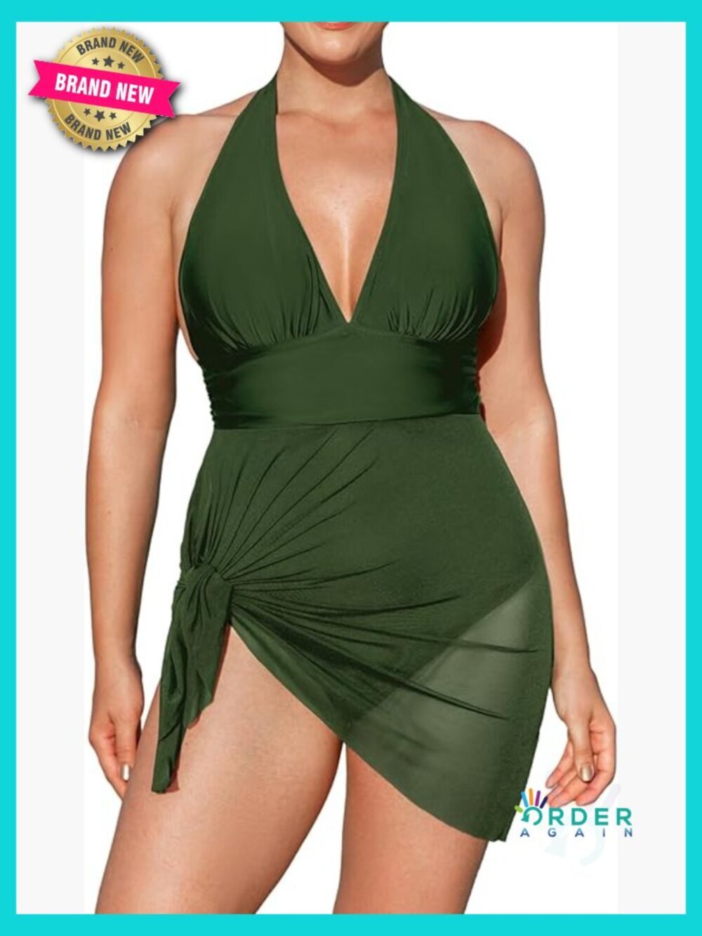 Plus Size One Piece Swim Dress Tummy Control V Neck Halter Mesh Skirt Tie